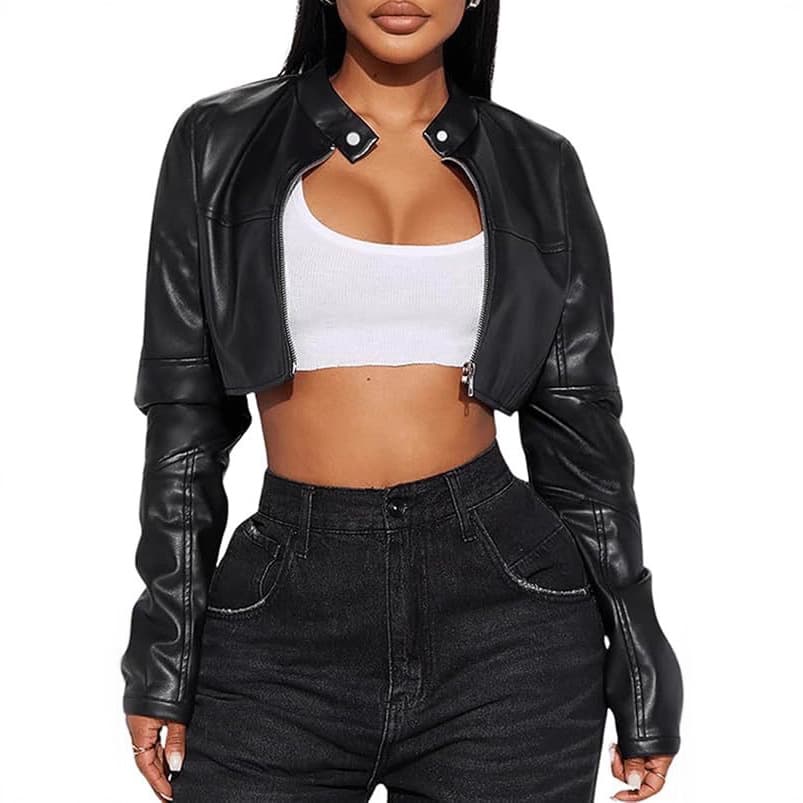 European and American cross-border women's navel-baring jacket autumn and winter street motorcycle style PU leather solid color splicing zipper stand collar jacket