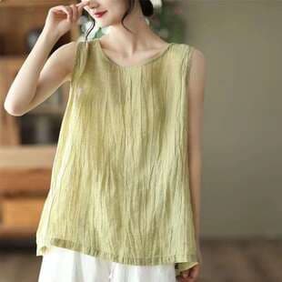 Black Slimming Summer New Cotton Linen Camisole Vest Inner Wear Outer Wear Sleeveless Top Women Casual Round Neck T-Shirt