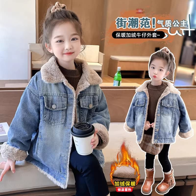 Baby girl's velvet thickened denim jacket autumn and winter for girls and older children 2025 new lamb wool warm cotton coat