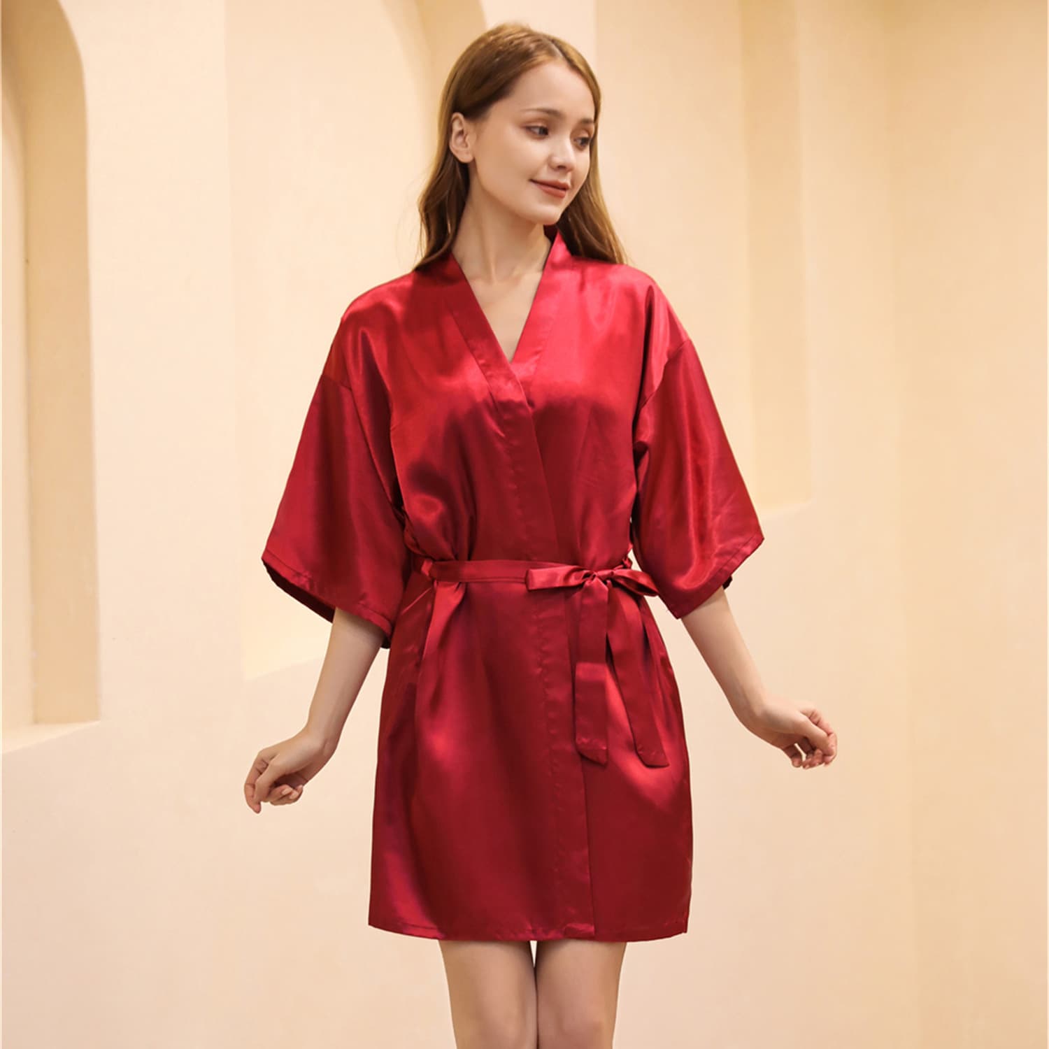 Pure Color Sexy Short Smooth Home Wear Summer Thin Cardigan Sleep Robe for Women V-Neck Polyester Fiber Ultra-Lightweight