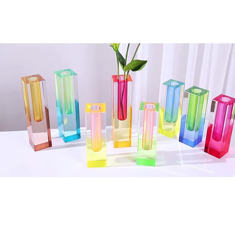 Hot Selling Creative Color-Block Nordic Style Acrylic Vase Square Column Glass Bubble Flower Vase for Dried Flowers or Hydroponics