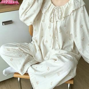 Influencer-style hollow lace trim cloud cotton pajama set for women, long-sleeve breathable comfortable loungewear two-piece set for spring and autumn