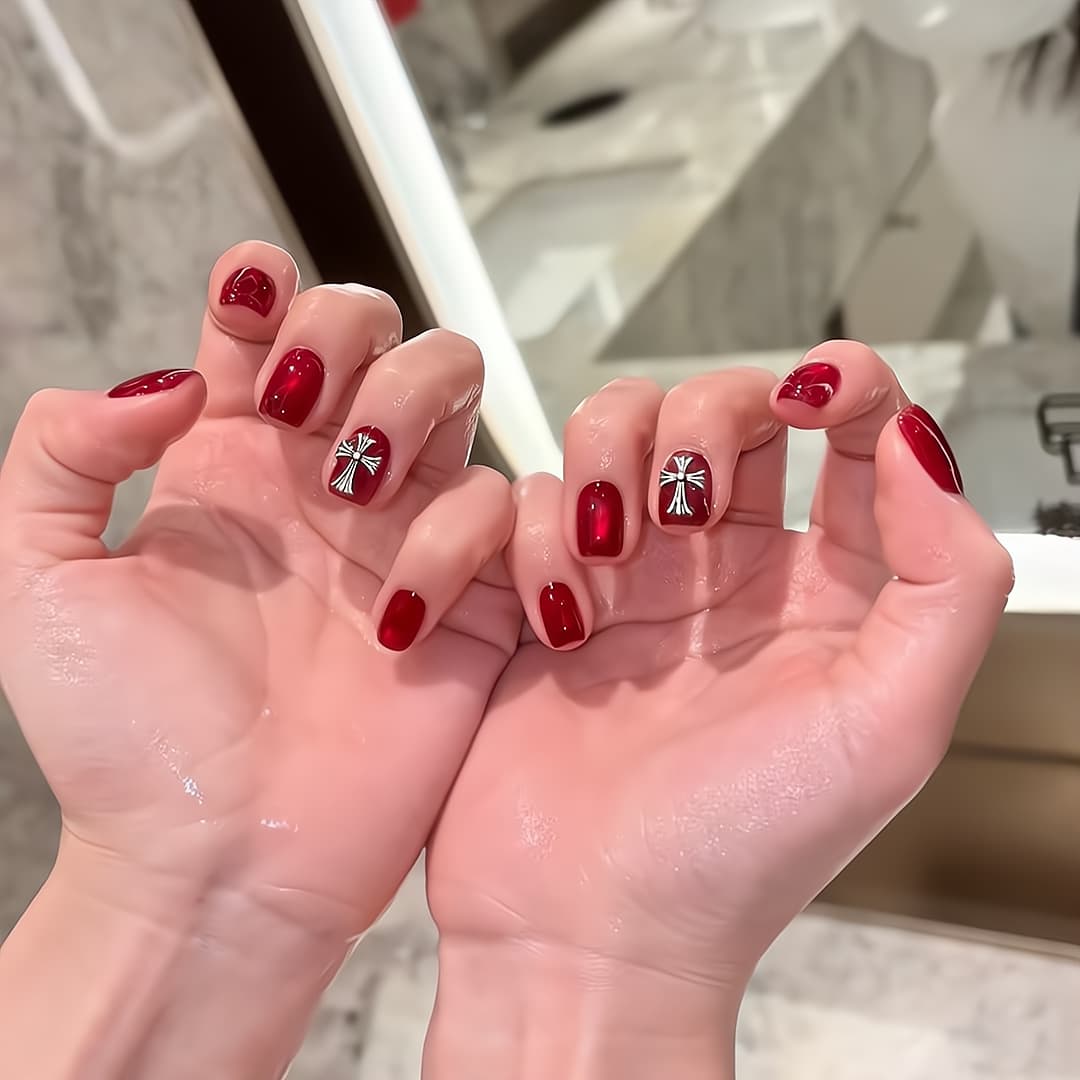 [Lingluo Original] Ruby Red Glass Beads Brightening Simple Short Cat Eye Handmade Nail Art