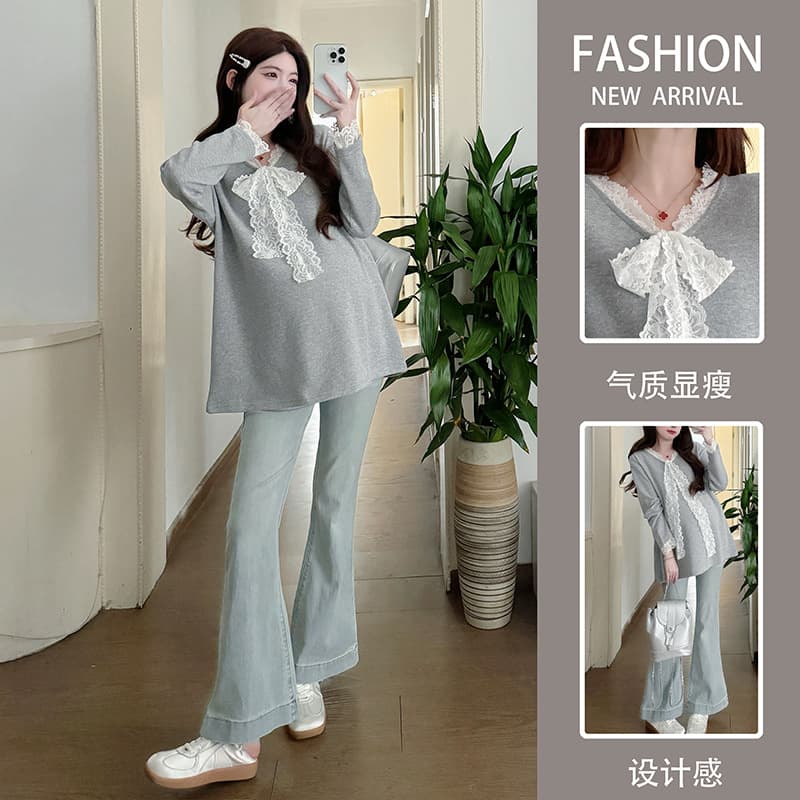 2025 Spring New Fashion Sweet Lace Bow Patchwork Knit Top, Versatile Outerwear Maternity Shirt