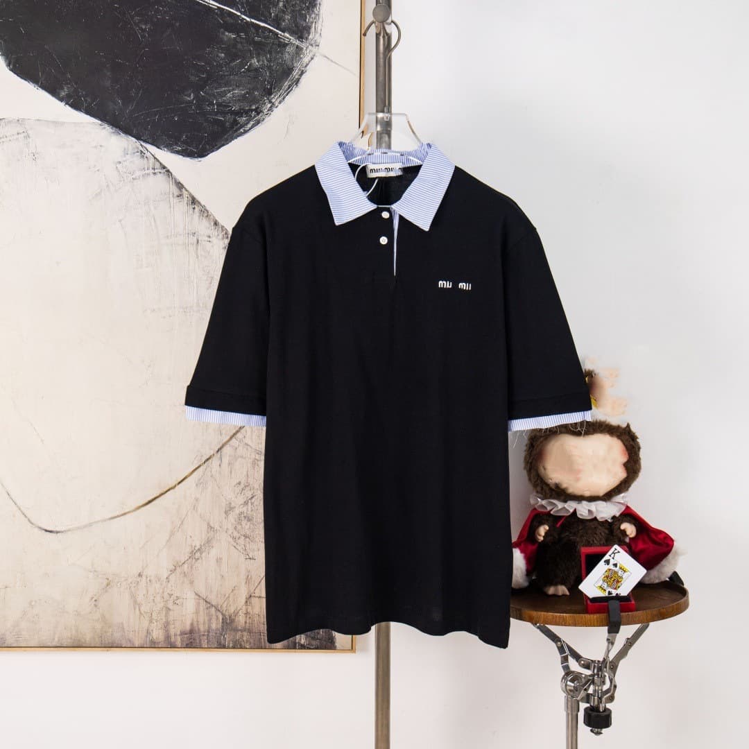Nanyou High-End Original Label MIU Miu Embroidered Letter Stripe Spread Collar Patchwork Polo Shirt Short Sleeve T-Shirt for Men and Women