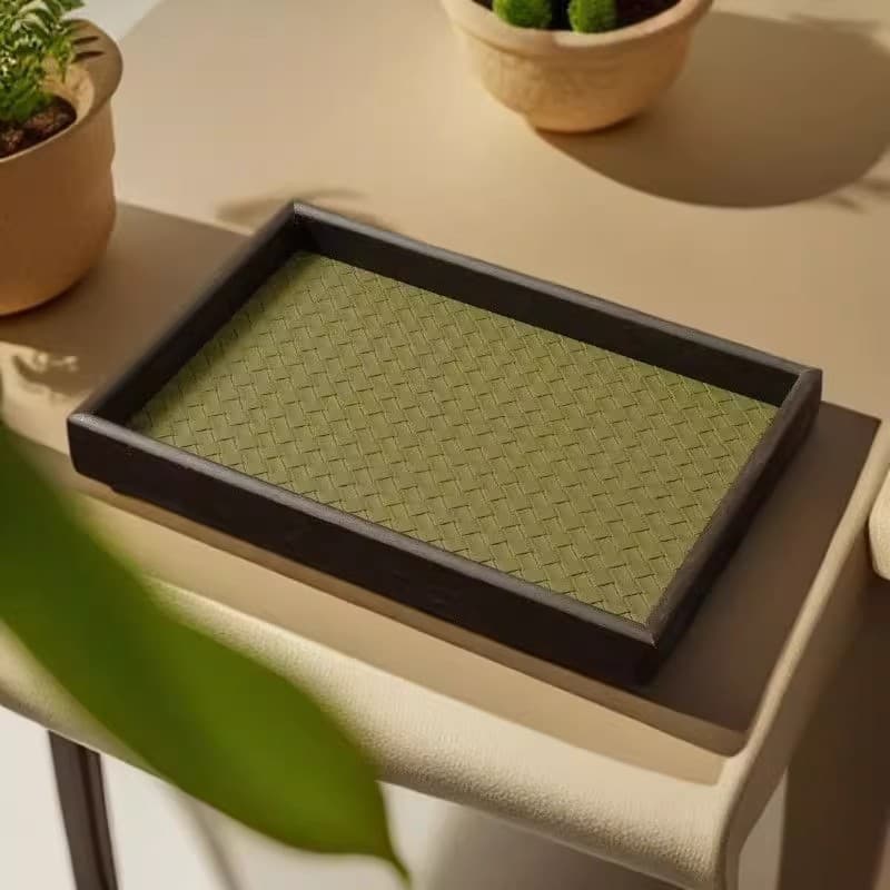 Wooden tray for storing luxury jewelry, rings and necklaces; leather bamboo green vintage tabletop display tray.