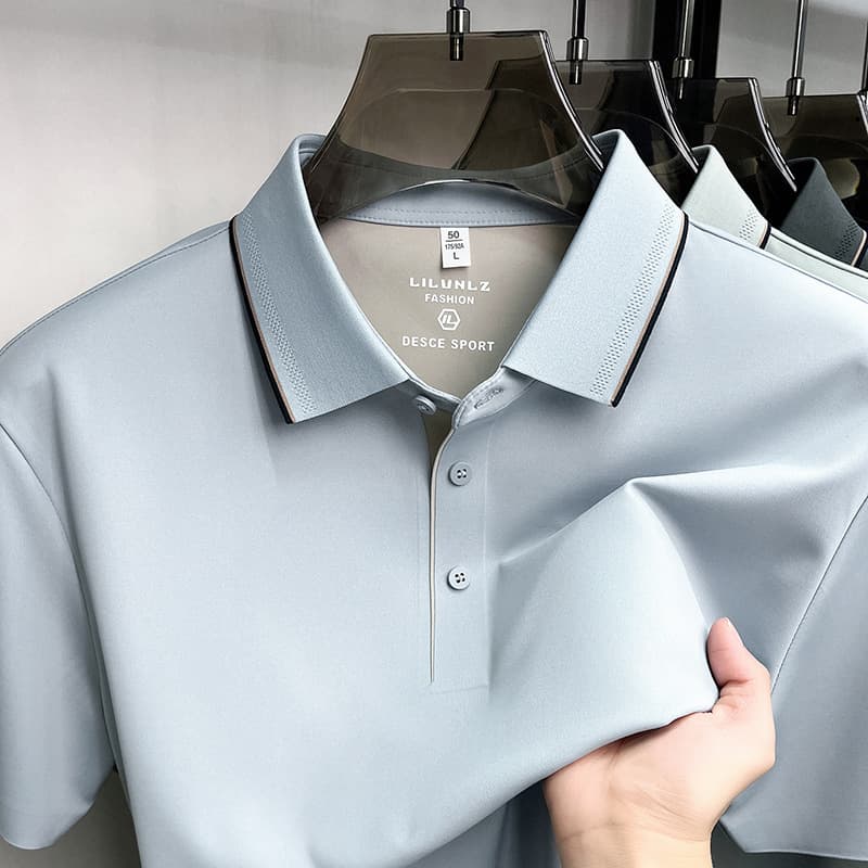 80-count Linen Silk Seamless Polo Shirt for Men 2026 Summer New Style Turn-down Collar Ice Silk Breathable Quick-dry T-shirt