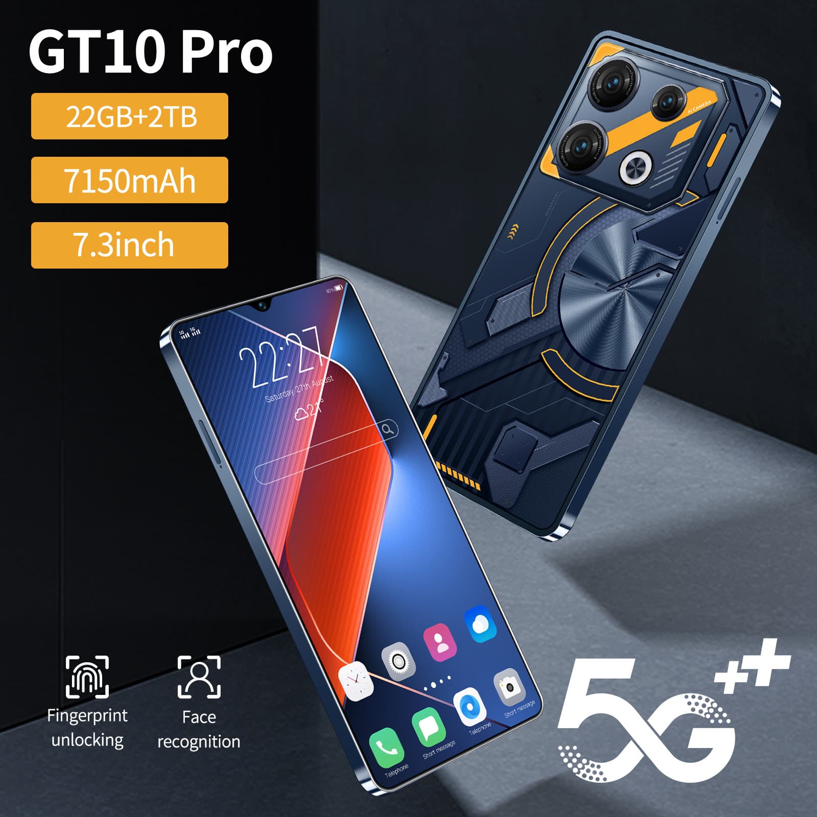 Android 7.3 Inch Large Screen Smartphone GT10 22+2T Storage Factory Price Mobile Phone Straight Board GSM Network CDMA System