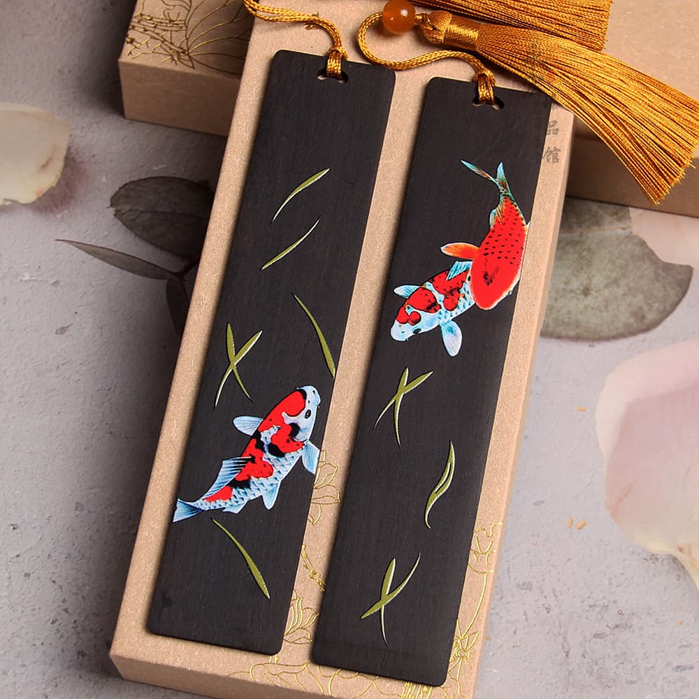 Hand-Painted Ebony Koi Bookmark Chinese Style Abundance Year After Year Bookmark Guochao Carp Bookmark Stationery Engravable