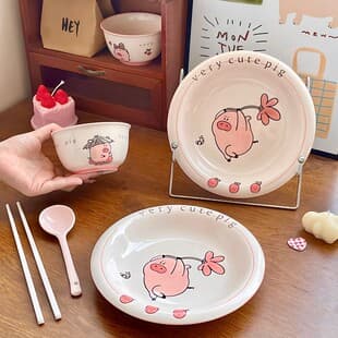 Cute Cartoon Pig Everything Goes Well Underglaze Ceramic Single-Serving High-Aesthetic Tableware Set Student Dorm Plate and Bowl