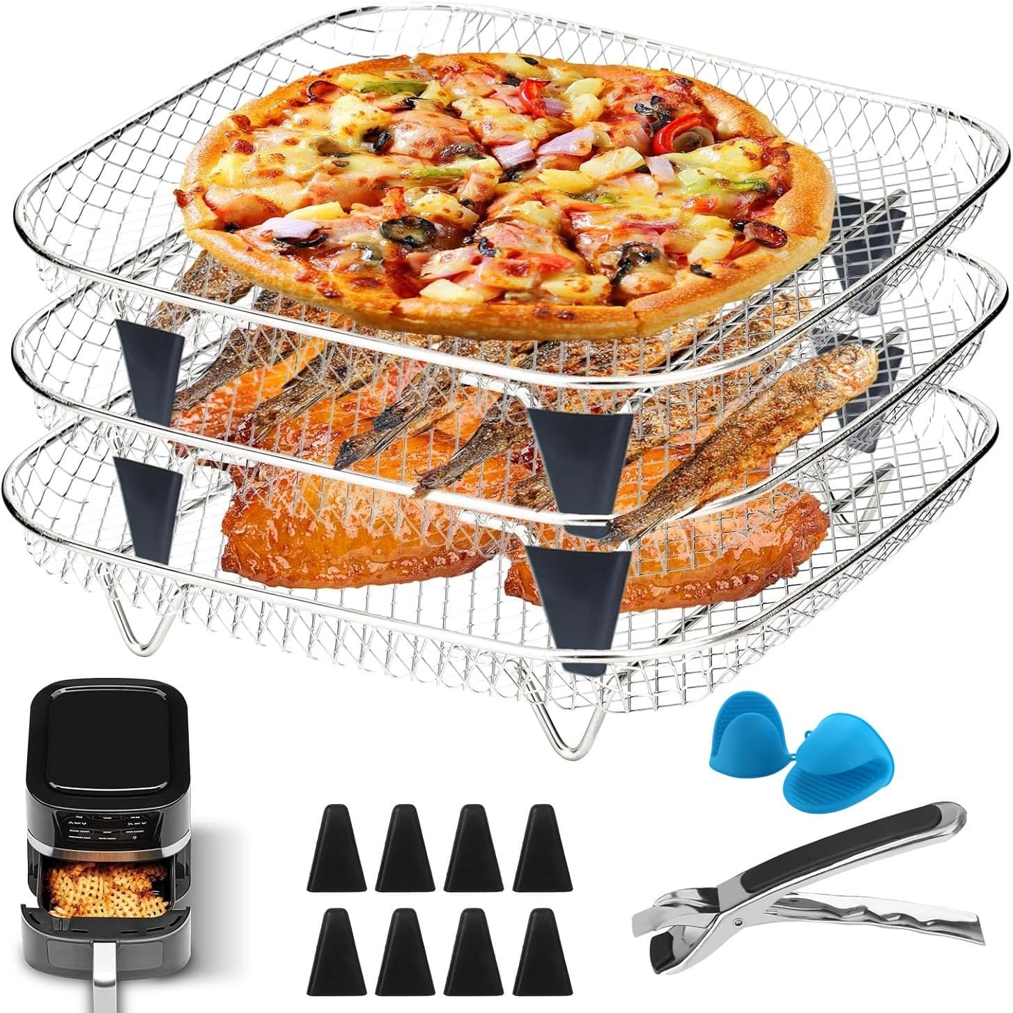 AirFryer Accessories BBQ Grill Three-Layer Stacked Net Oven Accessories 304 Stainless Steel Drain Rack