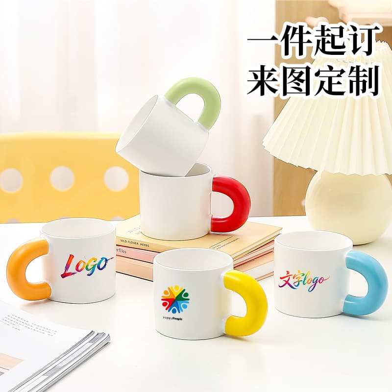 Cute Cartoon Contrast Color Thick Handle Fat Mug Ins Style Ceramic Mug Logo Water Drinking Mug Print Photo