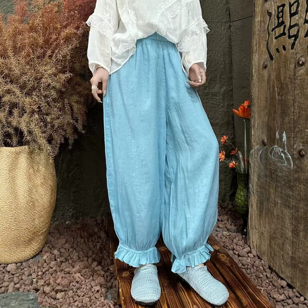 2026 Summer New Loose Casual Elastic Waist Solid Color Puff Pants Artistic Simple Ramie Slimming Versatile Lantern Pants