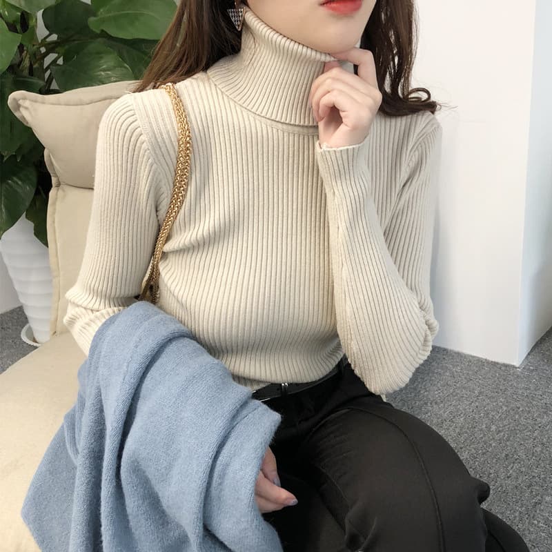 Autumn Winter New Turtleneck Pullover Thickened Sweater Women's Fleece Collar Solid Color Versatile Slim Base Layer Top