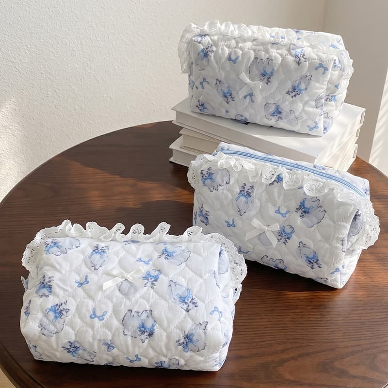 2026 New Korean Style Fresh Cat Print Cosmetic Bag Portable Lace Trim Storage Bag High Appearance Student Pencil Case