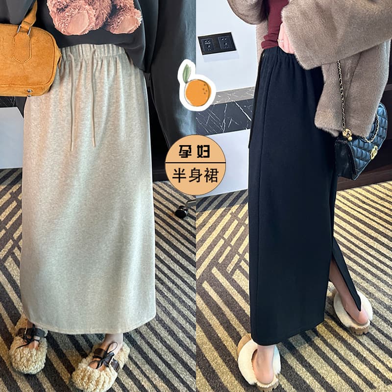 In-Stock Autumn/Winter New Non-Belly Support High-Waisted Slit Maternity Skirt Soft Cashmere Slimming Fleece-Lined Straight Long Skirt