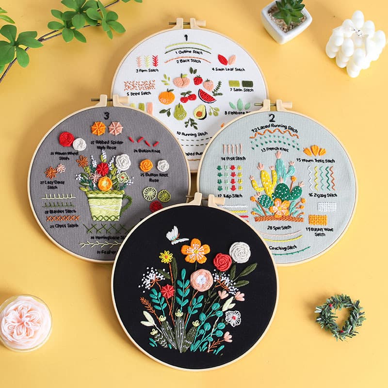 New Original Embroidery Stitch Practice Handmade DIY Material Kit - Dozens of Stitch Techniques for Beginners, 4-Piece Set