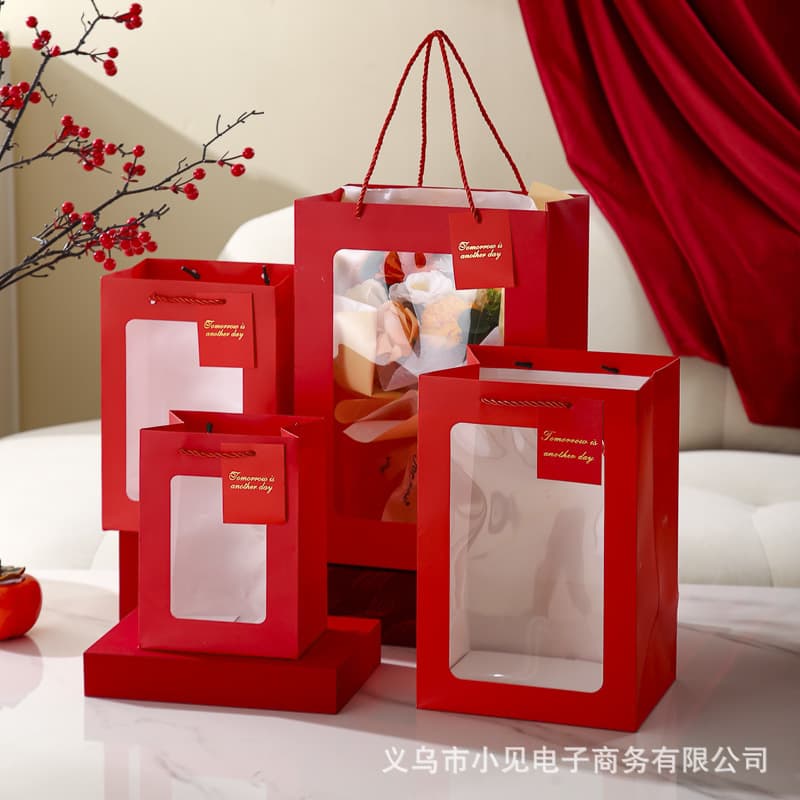 Red New Year Gift Bags Handheld Floral Doll Gift Packaging Bags Handbags Flowers Printed Paper Bags for All Occasions