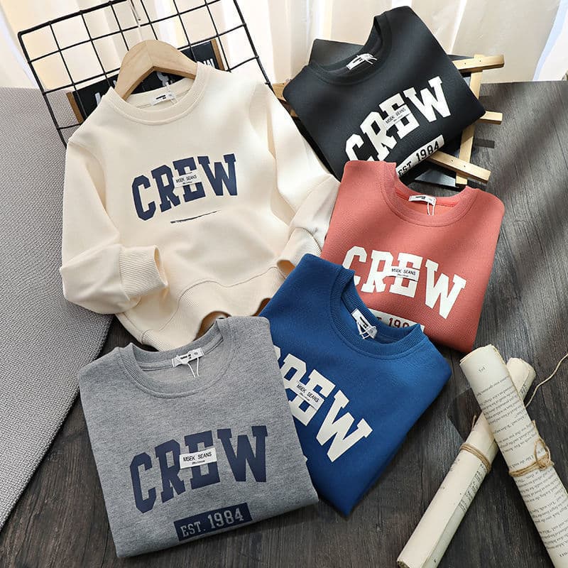 Cotton Kids Boys Letter Print Sweatshirt Large Size Loose Fit Casual Western Style T-Shirt Spring Autumn Lightweight Top