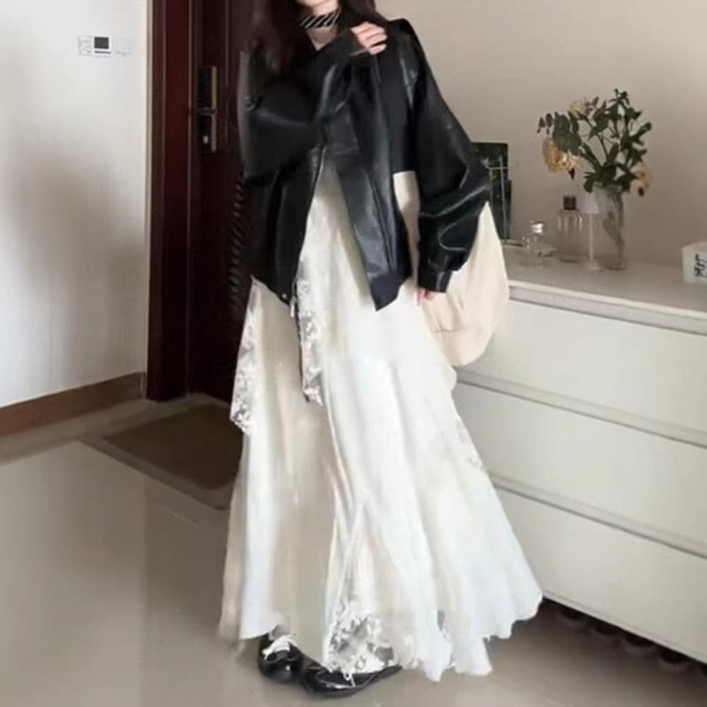 White irregular lace pleated heavy-length mid-length skirt plus size autumn popular style pear-shaped Berkeley skirt