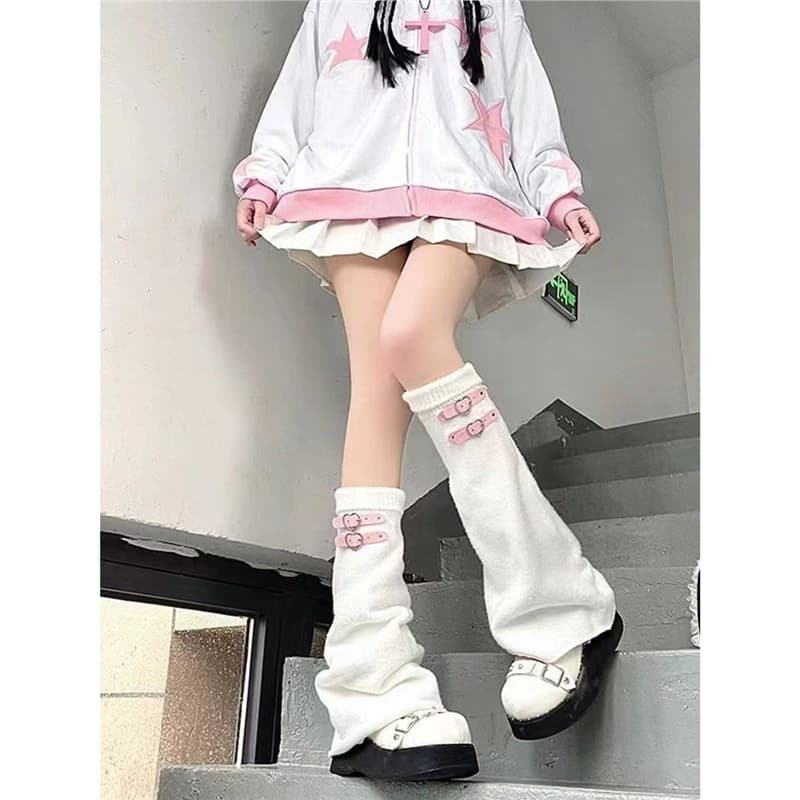 2025 Japanese Original Knitted Wide-Leg Stacked Socks Y2K Edgy Subculture Heart Leather Buckle JK Long Socks