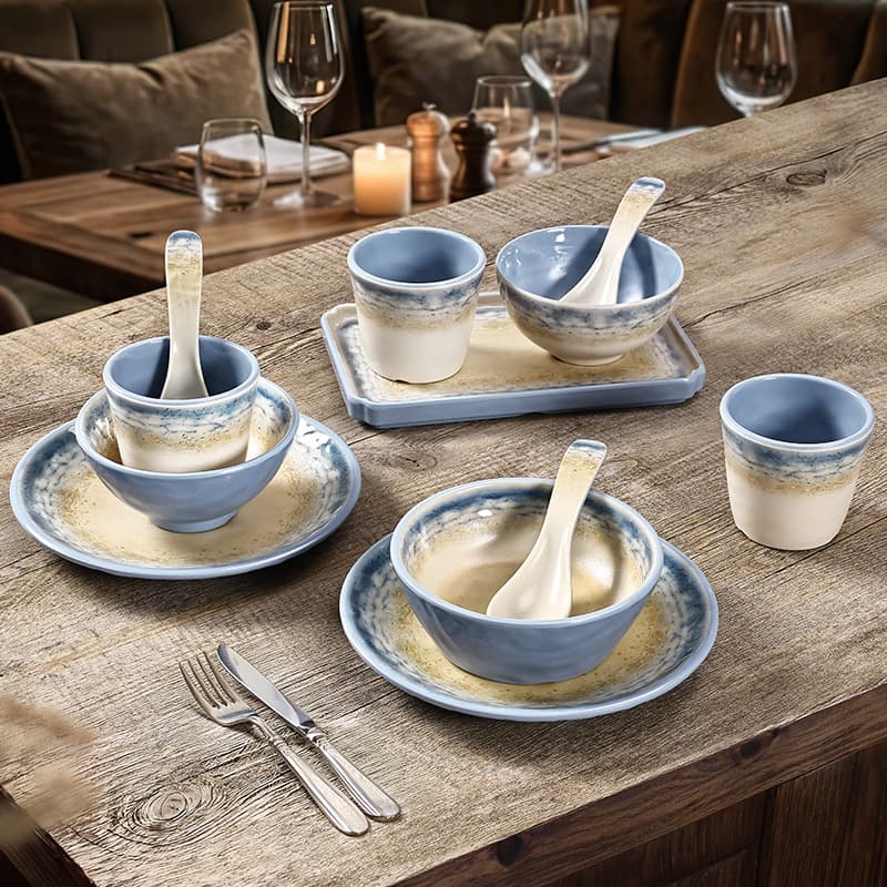 Hill high-end melamine table four-piece set for commercial hotels, restaurants, hot pot restaurants, gradient blue imitation porcelain tableware set