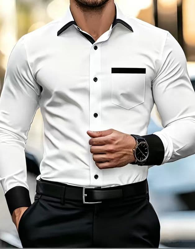 Cross-border Contrast Design Long-Sleeve Shirt for Men, Wrinkle-Resistant, Slim Fit, Stretch Cardigan, Lightweight Men's Shirt