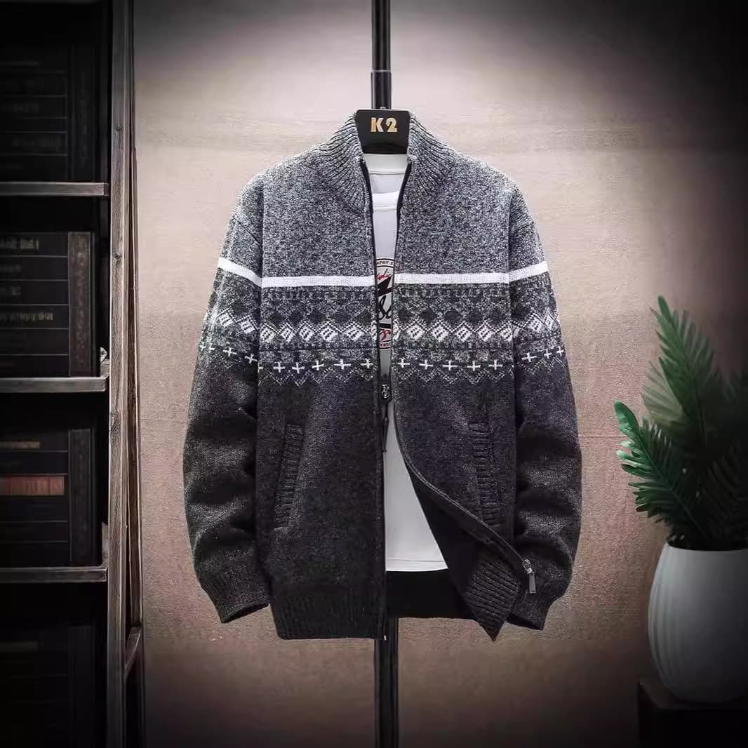 Men's Cardigan Sweater Spring Autumn New Knitwear Trendy Snowflake Color Block Stand Collar Fleece Lined Thick Warm Winter Sweater
