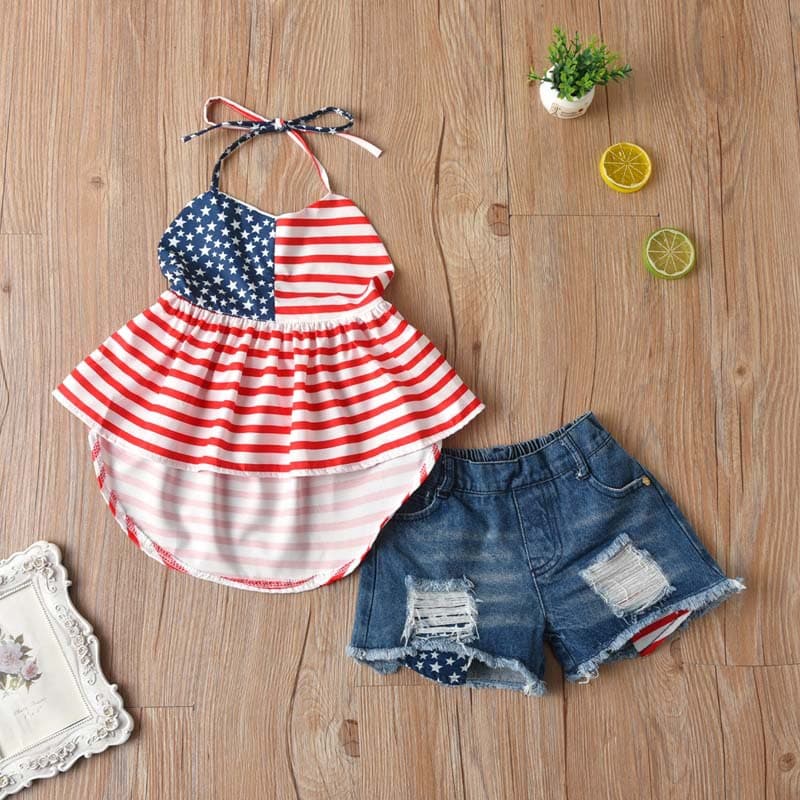 Independence Day Girls' Summer Foreign Trade Popular Children's Clothing American Flag Suspender Printed Jeans Small and Medium-sized Children's Suit