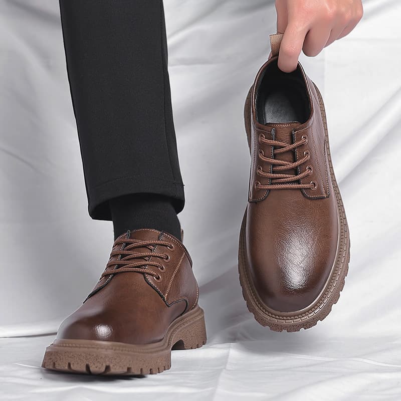 Men's Retro Business Casual Leather Shoes Low Top Thick Bottom round Toe Anti-Slip Rubber Sole Breathable PU Lined Work Boots
