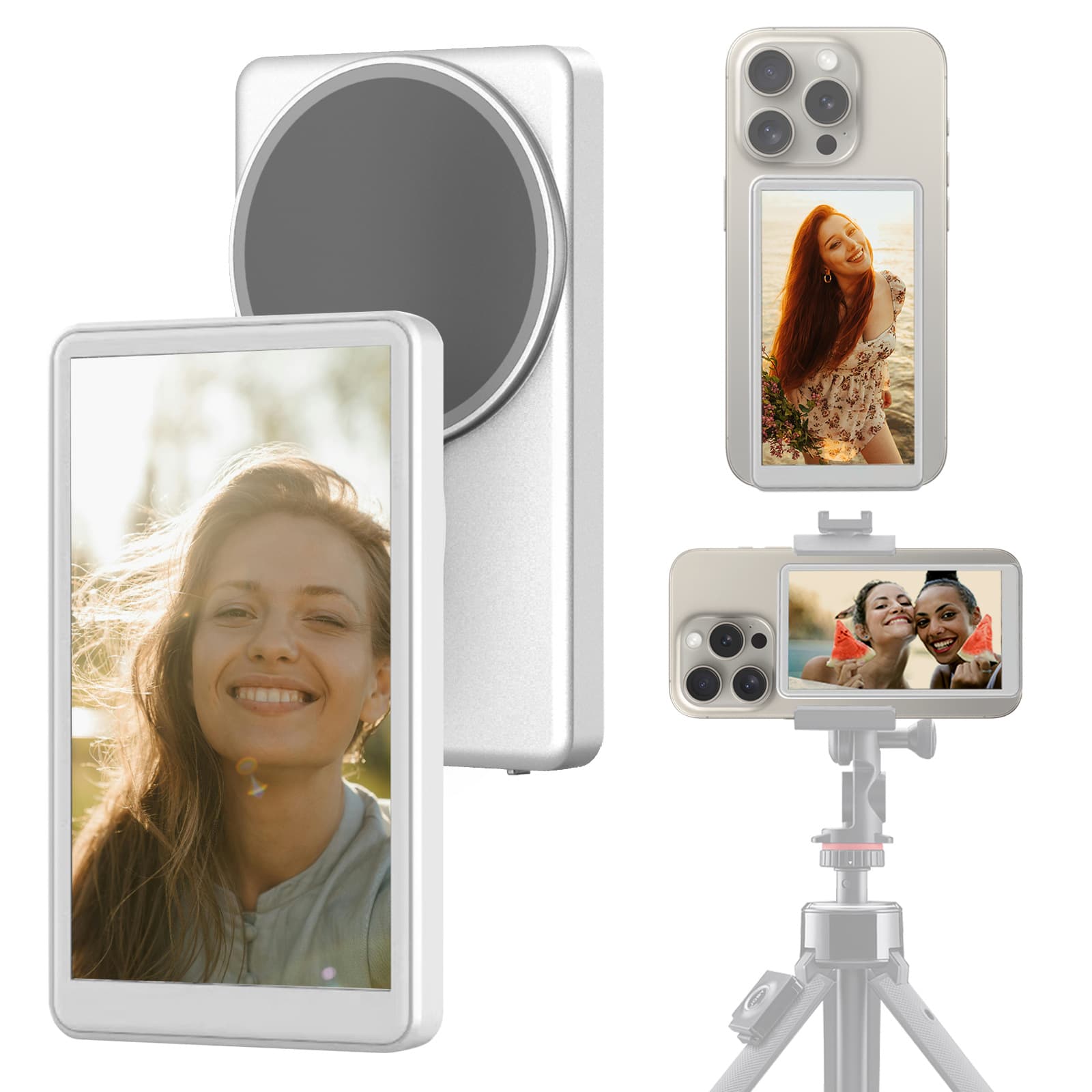 New wireless screen mirroring device for mobile phone selfies, magnetic selfie projector, rear display screen for selfie and live streaming.