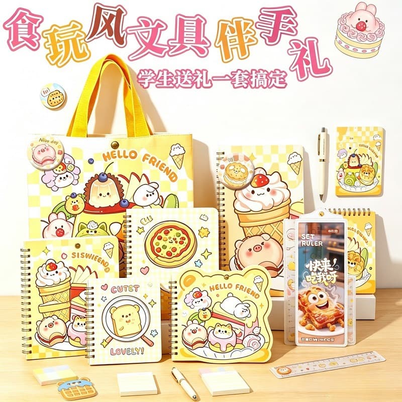Cute Food Play Stationery Canvas Bag Set, Kindergarten Souvenir, Primary and Secondary School Student Prize, Children's Day Small Gift