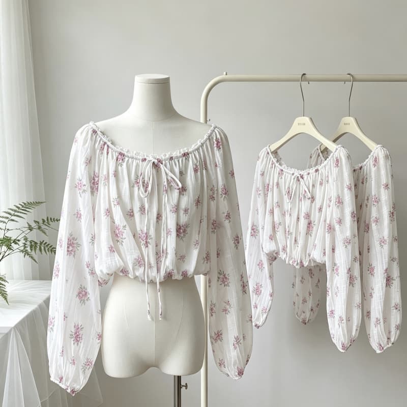 Nuo Chu Shahe Chestnut Cocoa Bankelili'RL Vintage Floral One-Shoulder Drawstring Floral Slimming Youthful