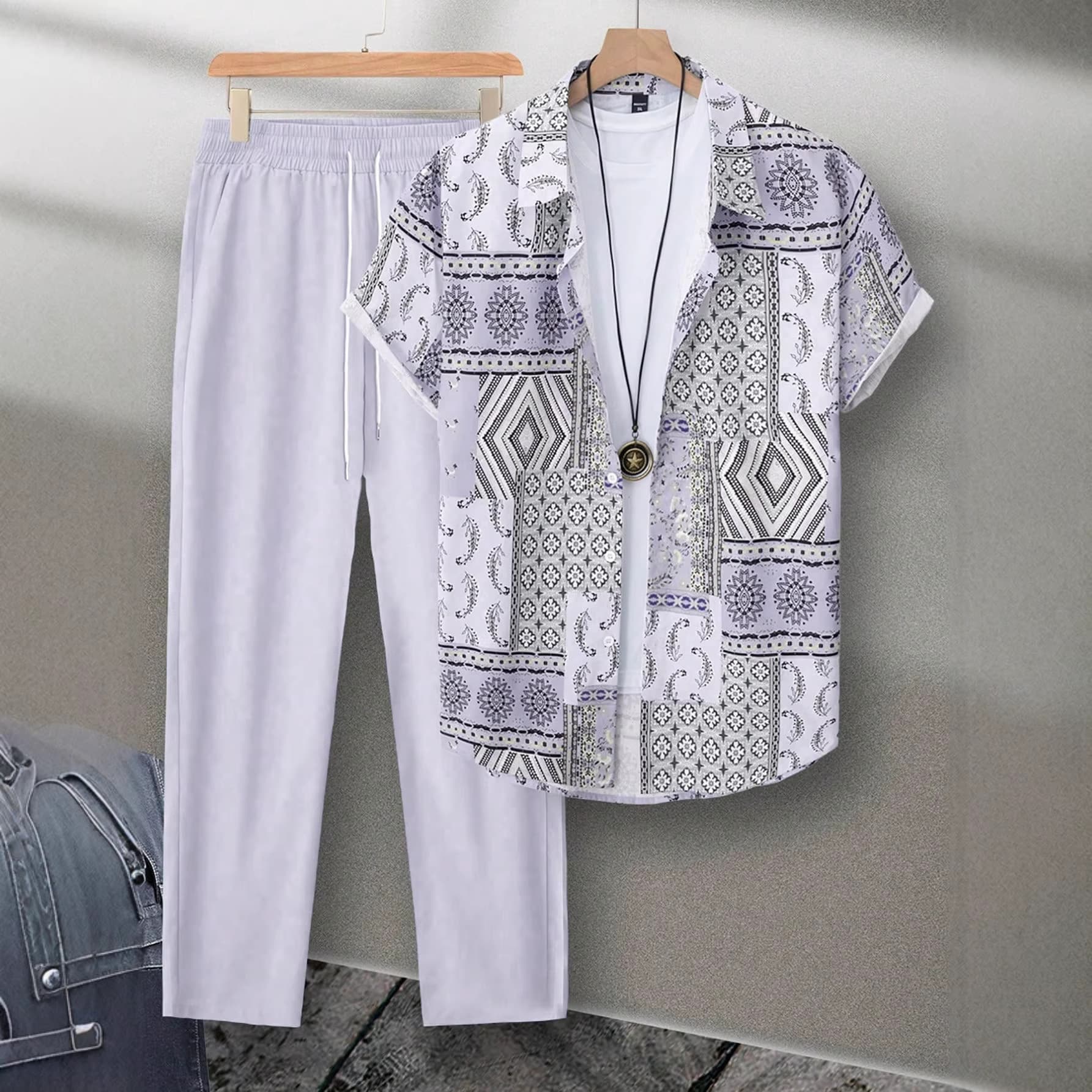 Cross-border Trade AliExpress Amazon 3D Digital Print Casual Fashion Turn-down Collar Short Sleeve Shirt Set for Men