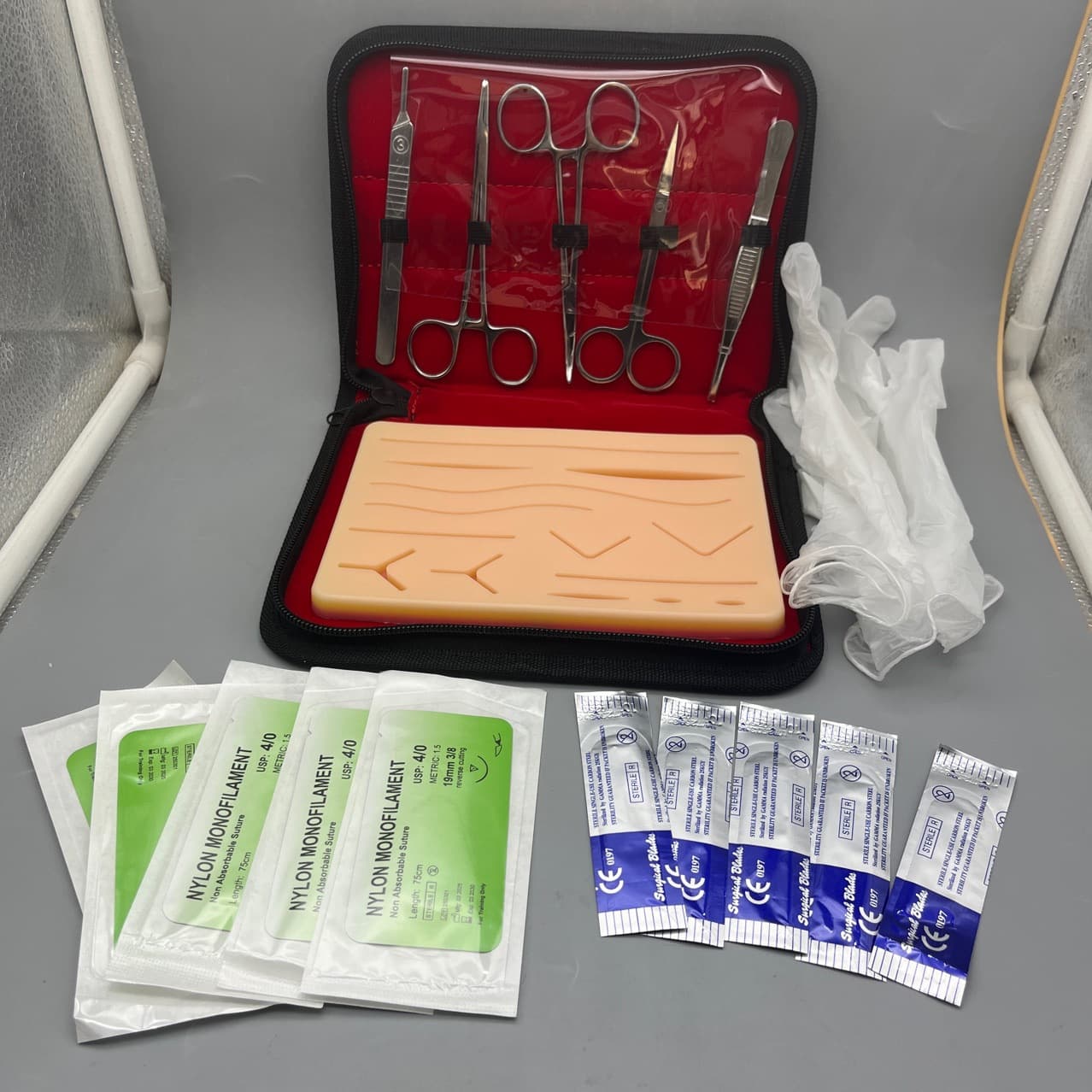 Oral suturing practice kit, instrument kit, surgical suturing training operating tools and materials, pliers, tweezers, needle and thread