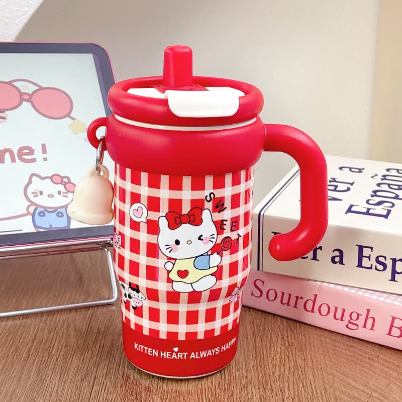 New Ceramic Insulated Mug with Lid and Straw, Cute Cartoon Style for Students, High Appearance, with Handle, Office Coffee Cup