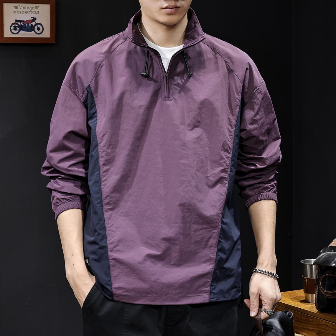 American Zipper Stand Collar Shirt Men 2025 New Casual Long Sleeve Plus Size Quick Dry Outdoor Jacket Men's Coat