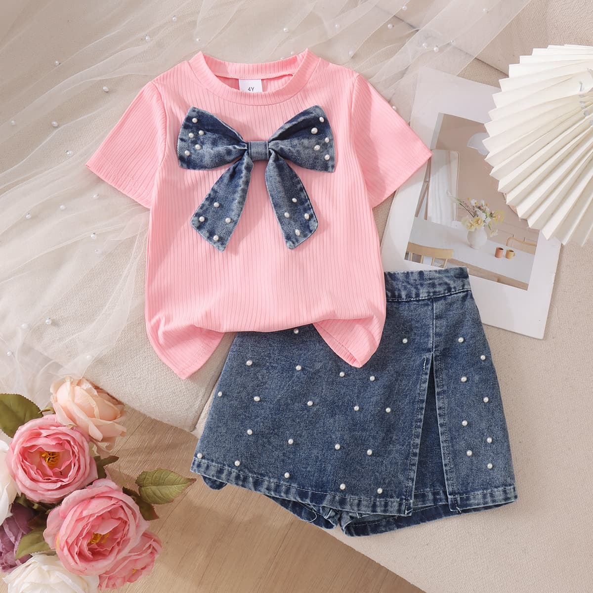 Baby Clothing Kids Set Children Outfit Pink Top + Denim Skirt