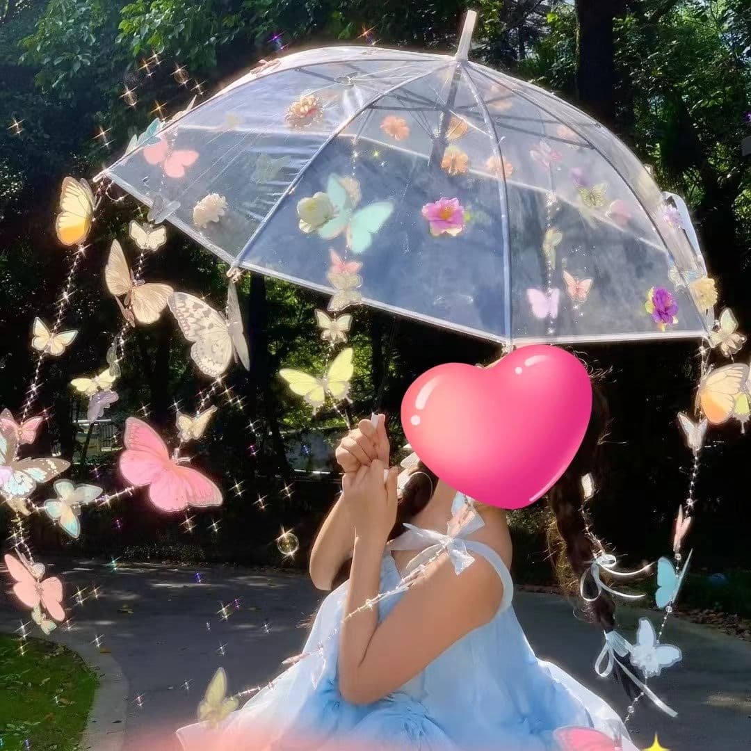 Butterfly Flower Umbrella Transparent DIY Material Kit Long Handle Umbrella Girl Photo Prop Decoration Gift for Girlfriend