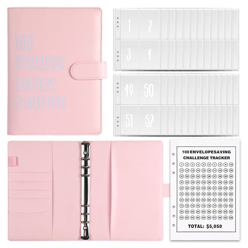 100 Envelope Challenge 100 Days Save Money and Challenge Cash Envelope Storage Loose-Leaf Book