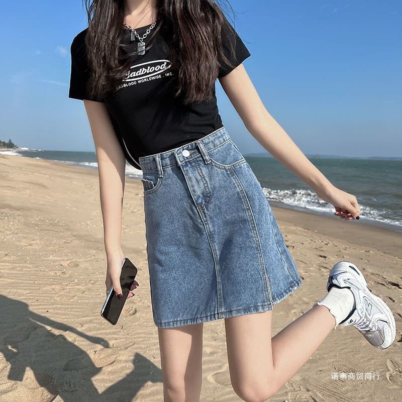 Women's Spring Summer 2022 New Slimming Versatile Slit Denim Short Skirt Ins Style Petite A-Line Skirt