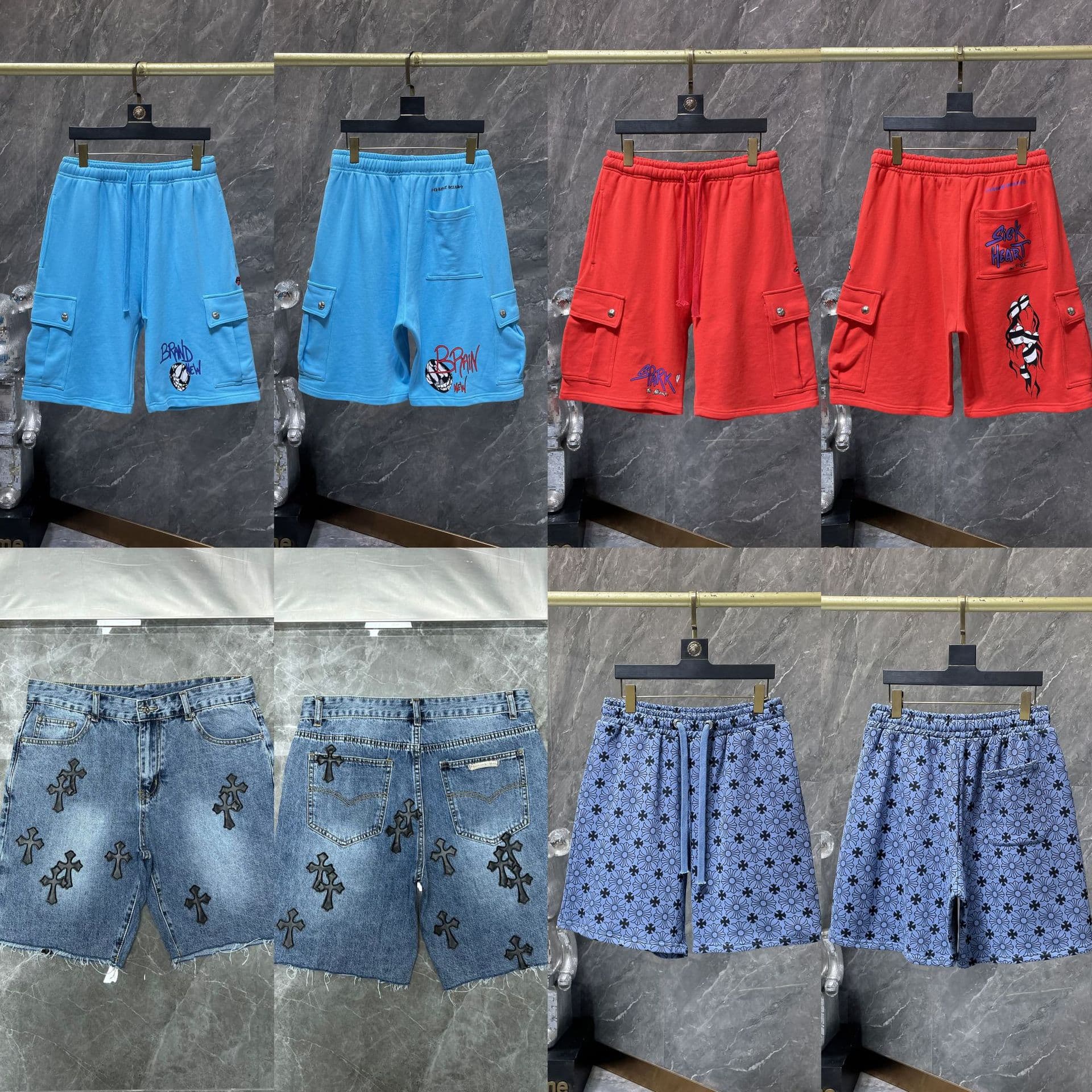 Cross-border foreign trade wholesale spring and summer new CH Crowe blue graffiti small red lip embroidery big pocket shorts for men