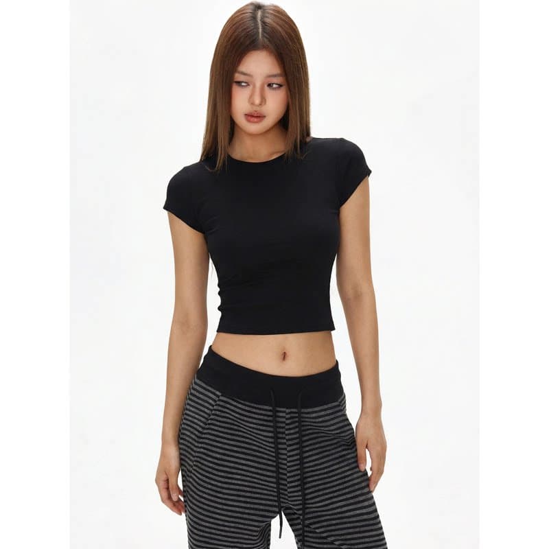 Sexy Fitted Crop Top Short Sleeve T-Shirt for Women Summer American Style Round Neck Short Length