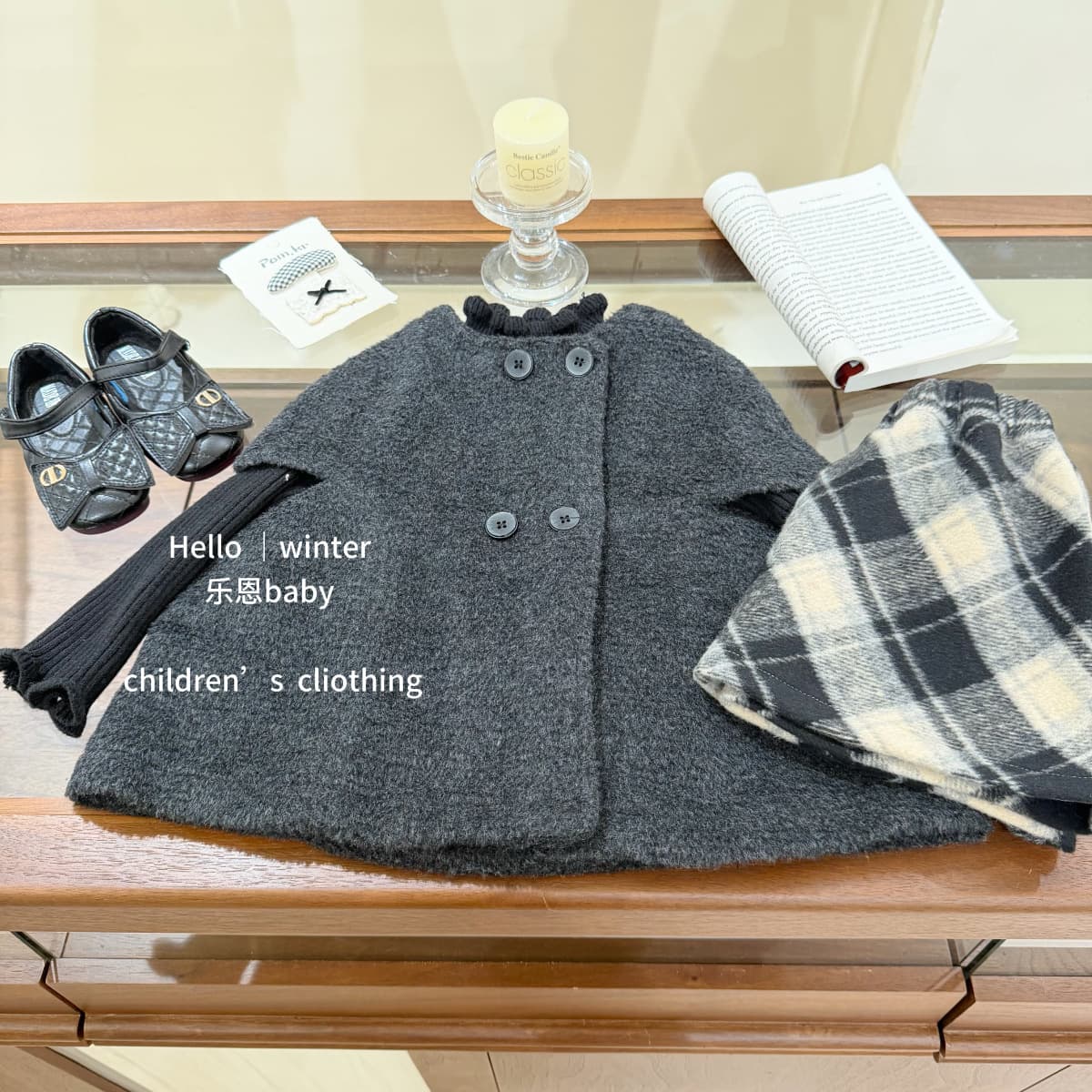 [Le'en baby] New Year outfit winter baby girl gray woolen cape plaid skirt Korean-style little princess set