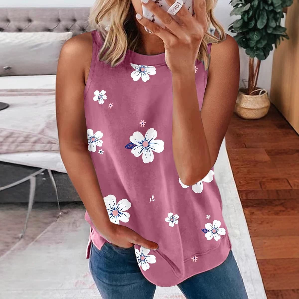 New Summer Women's Pullover Round Neck Vest, European and American Fashion Versatile Floral Print Loose Top, Factory Direct Sales