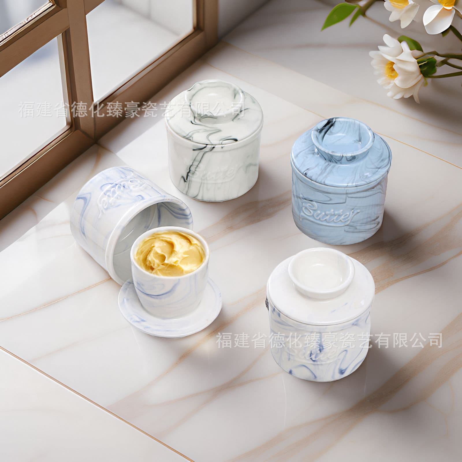 Ceramic Marble Pattern Butter Dish, Butter Keeper with Water Seal Lid, Cheese Storage Jar