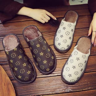 Leather Cotton Slippers Men 2024 New Winter Thick Sole Indoor Home Waterproof Anti-Slip Slippers Women Autumn Winter