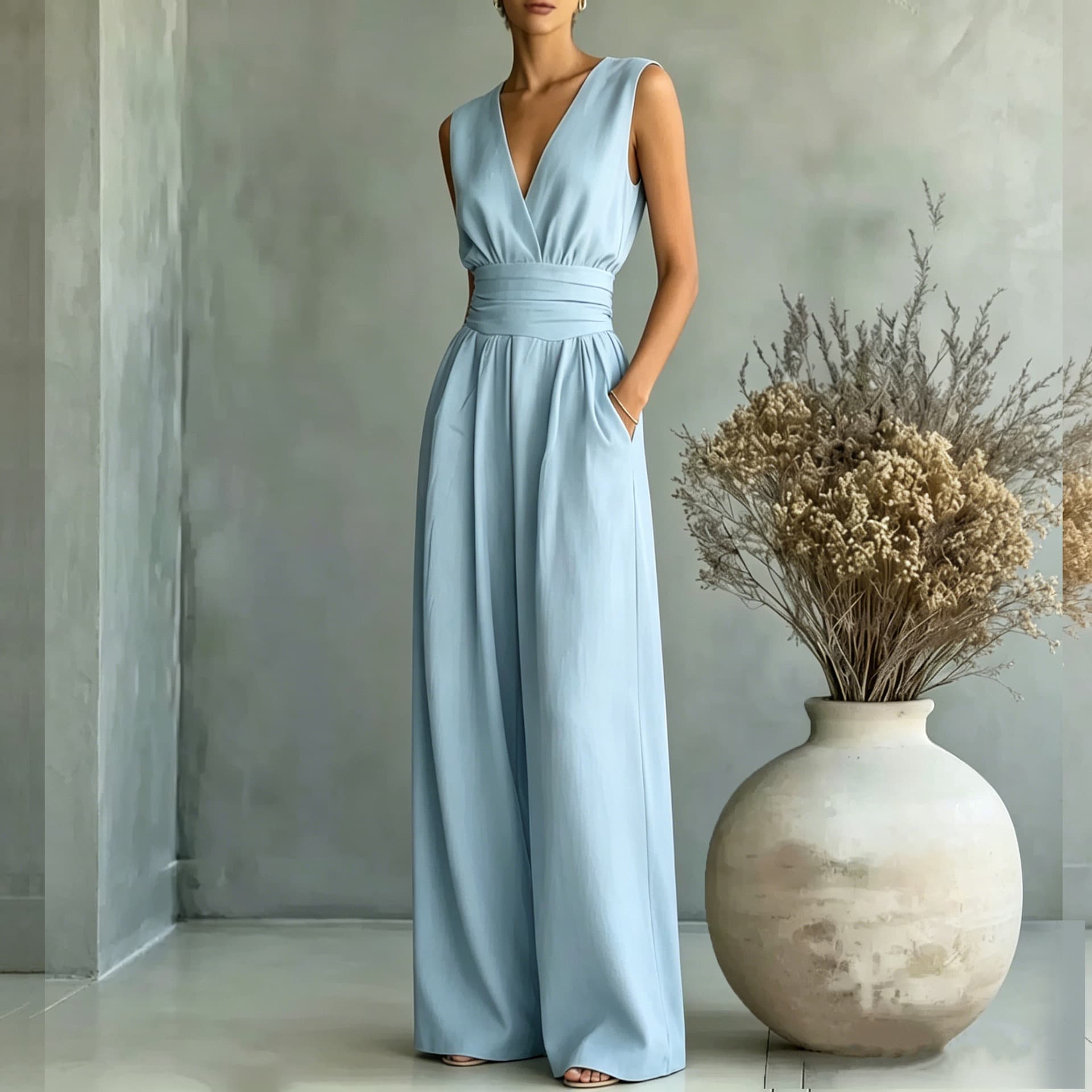 2026 European American Cross-Border Summer New Women's V-Neck Elegant Sleeveless Cinched Waist Jumpsuit
