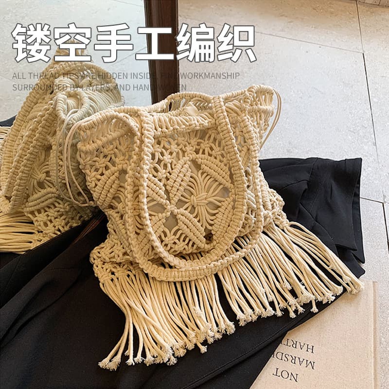 2026 New Versatile Shoulder Underarm Bag Straw Woven Bag Hollow-Out Beach Bag Handmade Cotton Rope Woven Bag for Export