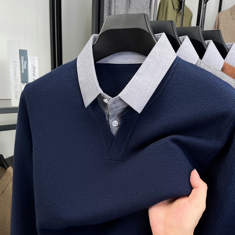 2025 Autumn/Winter New Men's Wool Sweater Shirt Collar Faux Two-Piece Business Casual Knitwear Solid Color